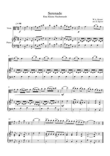 Free Sheet Music Serenade Eine Kleine Nachtmusik Wolfgang Amadeus Mozart For Viola Piano