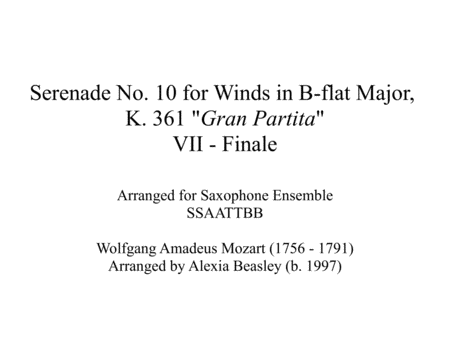 Serenade For Winds K 361 For Saxophone Ensemble Sheet Music