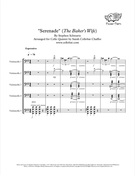 Serenade The Bakers Wife Cello Quintet Stephen Schwartz Arr Cellobat Recording Available Sheet Music