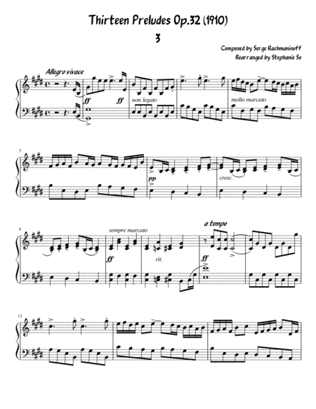 Free Sheet Music Serge Rachmaninoff 13 Prelude Op 32 No 3 Easy Intermediate Piano