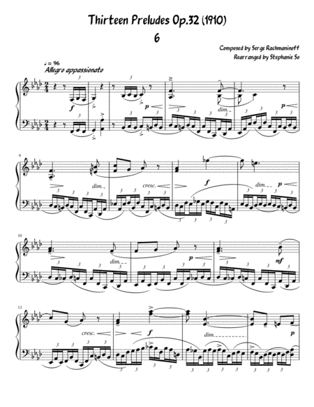 Serge Rachmaninoff 13 Prelude Op 32 No 6 Easy Arrangement For Intermediate Piano Sheet Music