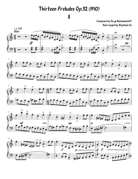 Serge Rachmaninoff 13 Prelude Op 32 No 8 Piano Easy Intermediate Arrrangment Sheet Music