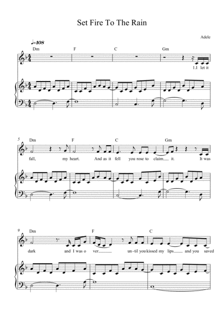 Set Fire To The Rain Adele For Piano And Voice With Guitar Chords And Lyrics Sheet Music