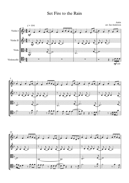 Set Fire To The Rain String Quartet Sheet Music