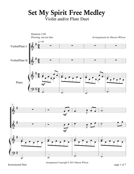 Free Sheet Music Set My Spirit Free Medley Violin And Or Flute Duet