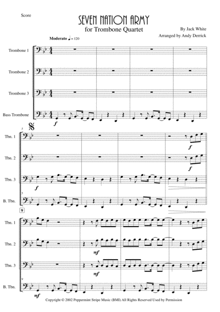 Seven Nation Army For Trombone Quartet Sheet Music