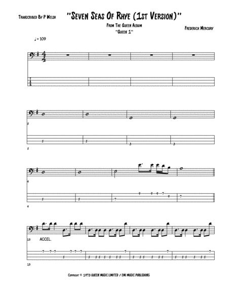 Seven Seas Of Rhye First Version Bass Guitar Tab Sheet Music