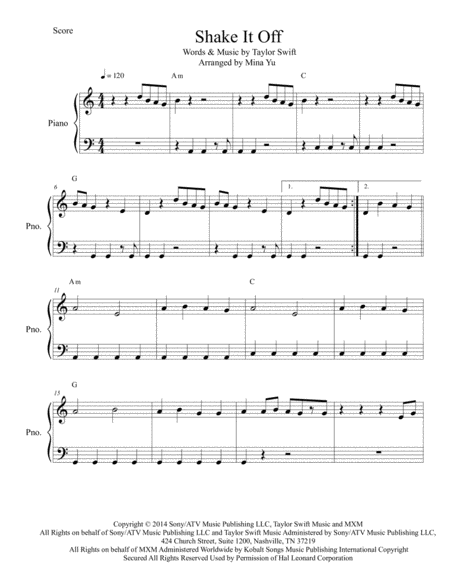 Shake It Off Easy Piano Basic Level Sheet Music