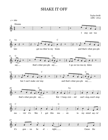 Shake It Off Leadsheet Melody Notated Sheet Music