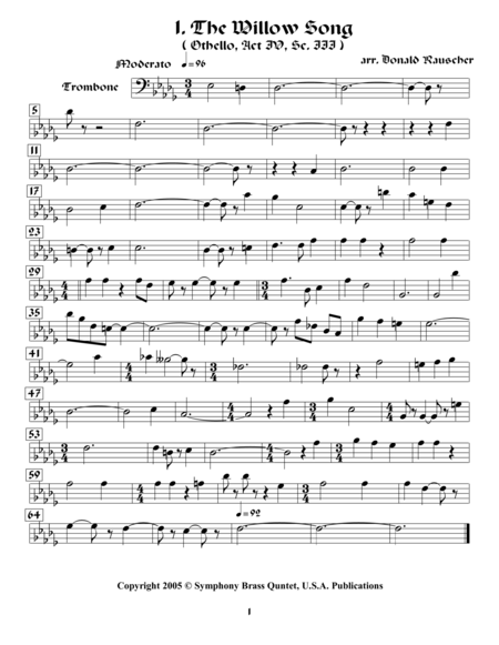 Shakespearean Music For Brass Quintet 1 The Willow Song Othello Trombone Sheet Music