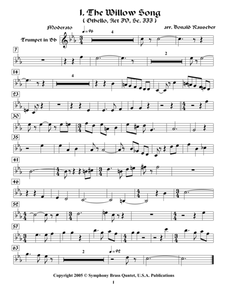 Free Sheet Music Shakespearean Music For Brass Quintet 1 The Willow Song Othello Trumpet 1
