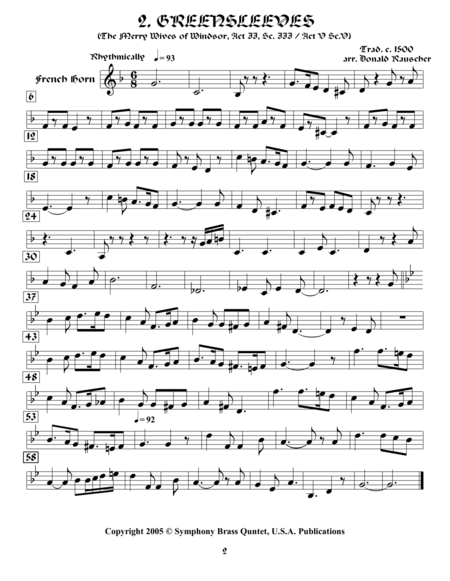 Shakespearean Music For Brass Quintet 2 Greensleeves The Mery Wives Of Windsor Romeo And Juliet French Horn Sheet Music