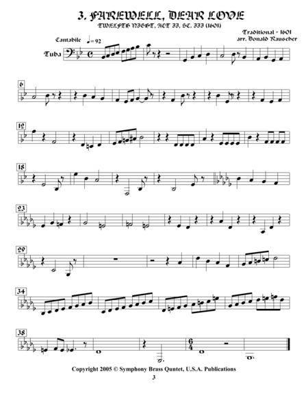 Shakespearean Music For Brass Quintet 3 Farewell Dear Love Twelfth Night Tuba Sheet Music