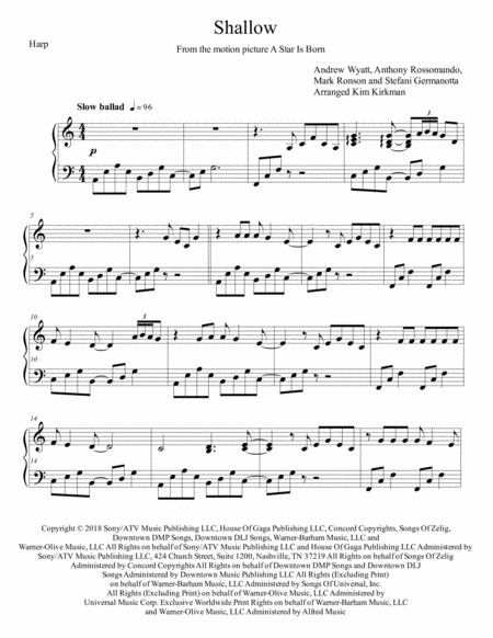 Free Sheet Music Shallow For Harp Solo No Levers Required In A Minor