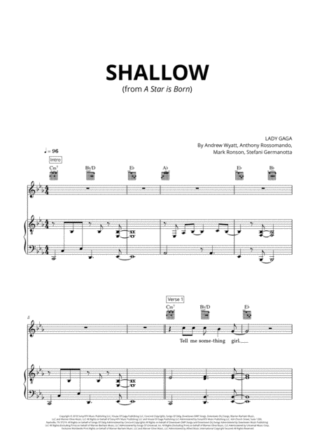 Free Sheet Music Shallow From A Star Is Born E Flat Major