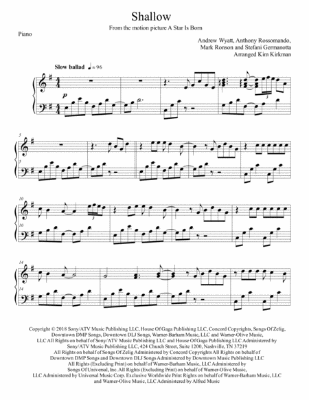 Shallow From A Star Is Born For Early Intermediate Piano Great Arrangement In Original Key Sheet Music