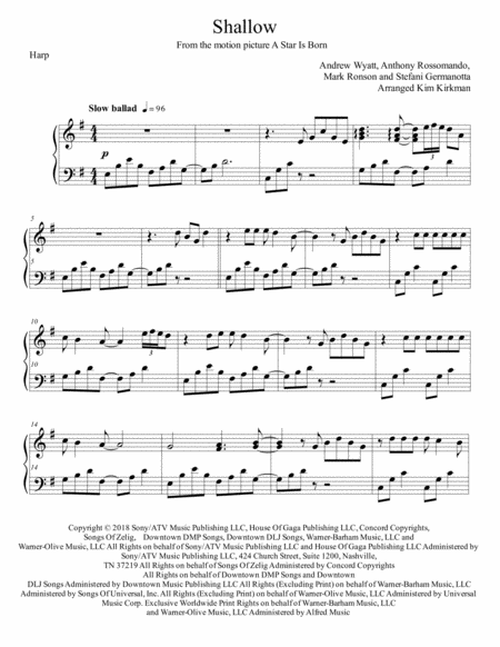 Shallow From A Star Is Born For Harp Solo One Sharp Early Intermediate Sheet Music