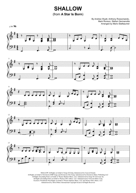 Shallow From A Star Is Born Piano Solo Sheet Music