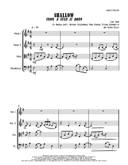 Shallow From A Star Is Born String Quartet Sheet Music