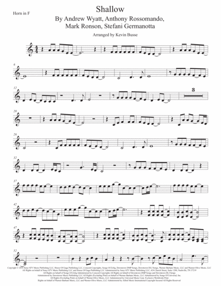 Free Sheet Music Shallow Horn In F Easy Key Of C