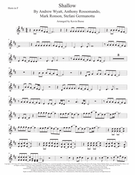 Shallow Horn In F Original Key Sheet Music