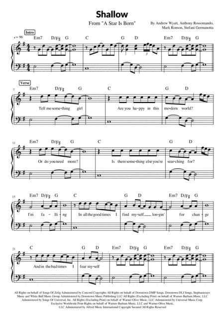 Shallow Lady Gaga Piano W Fingering Sheet Music