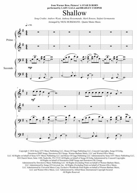 Shallow Movie A Star Is Born Piano Duet Sheet Music