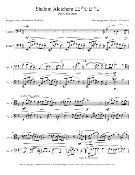 Free Sheet Music Shalom Aleichem Arr For Cello Duet