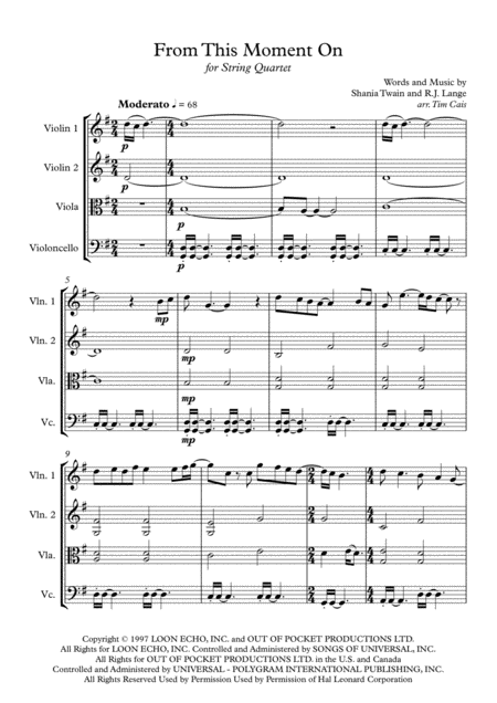 Shania Twain From This Moment On String Quartet Sheet Music