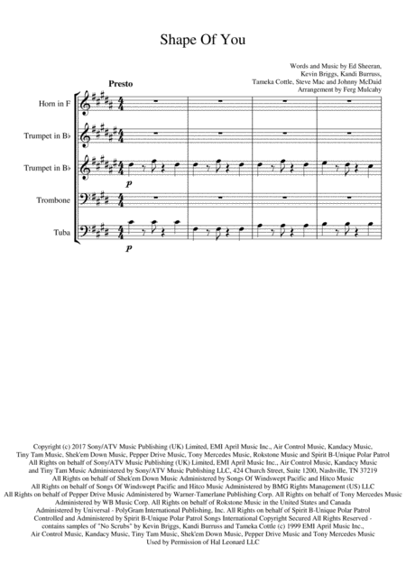 Shape Of You By Ed Sheeran For Brass Quintet In C Sharp Minor Sheet Music