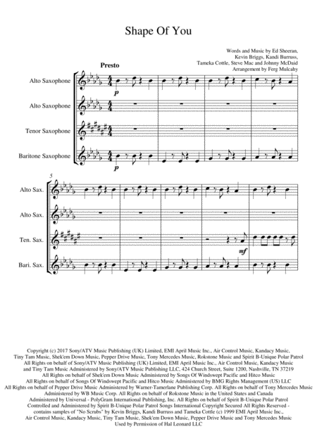 Shape Of You By Ed Sheeran For Saxophone Quartet In C Sharp Minor Sheet Music