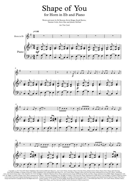 Free Sheet Music Shape Of You For Horn In Eb