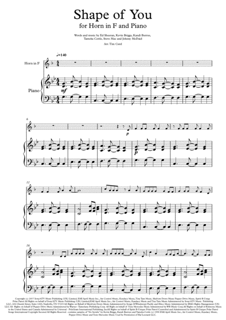 Shape Of You For Horn In F Sheet Music