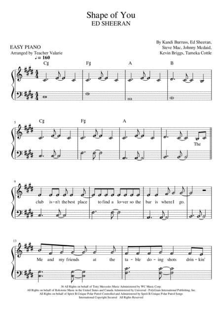 Shape Of You Grade 2 Easy Piano Solo With Note Names Short Version Sheet Music