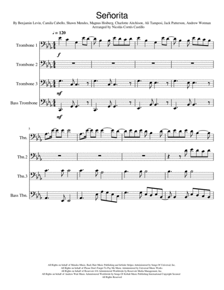 Free Sheet Music Shawn Mendes Camila Cabello Senorita Trombone Quartet
