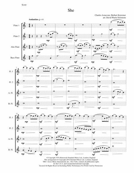 Free Sheet Music She Charles Aznavour For Flute Quartet