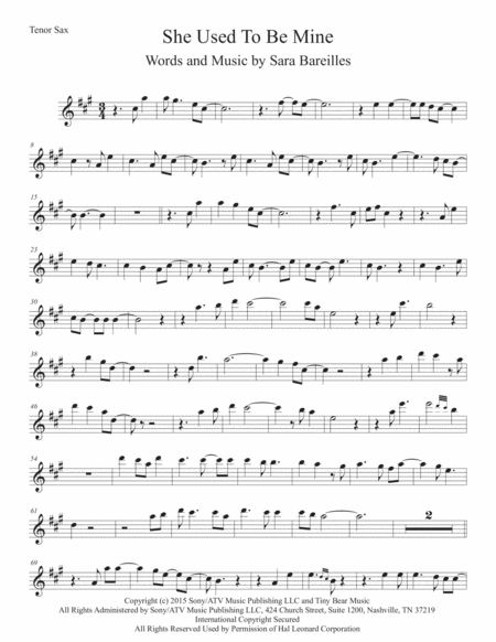 She Used To Be Mine From Waitress The Musical For Tenor Sax Sheet Music
