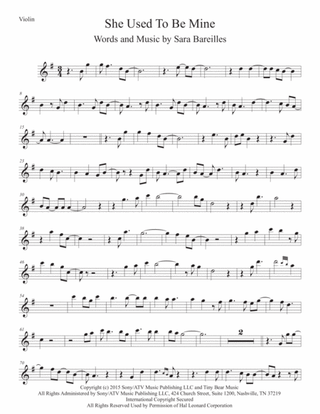 She Used To Be Mine From Waitress The Musical For Violin Sheet Music