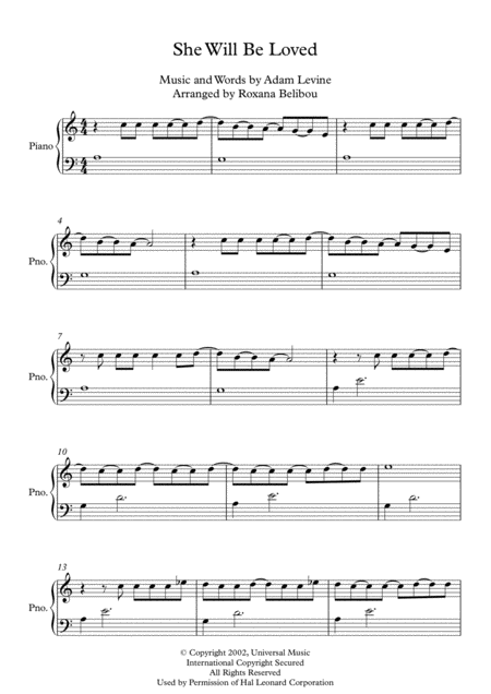 She Will Be Loved A Minor By Maroon 5 Easy Piano Sheet Music