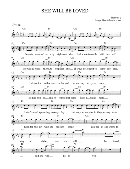 She Will Be Loved Leadsheet Melody Notated Sheet Music