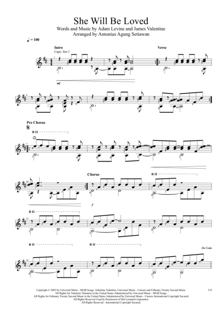 She Will Be Loved Solo Guitar Score Sheet Music