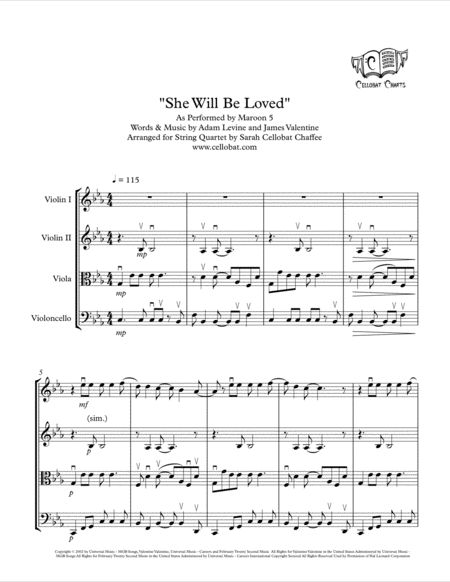 Free Sheet Music She Will Be Loved String Quartet Maroon 5 Arr Cellobat
