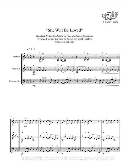 She Will Be Loved String Trio 2 Violins Cello Maroon 5 Arr Cellobat Sheet Music