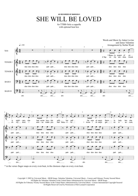 She Will Be Loved Ttbb Solo A Cappella Sheet Music