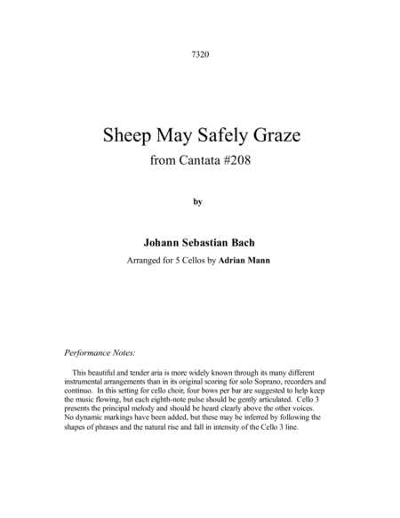 Sheep May Safely Graze For 5 Cellos Sheet Music