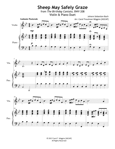 Free Sheet Music Sheep May Safely Graze From The Birthday Cantata Bwv 208 Violin Piano Duet