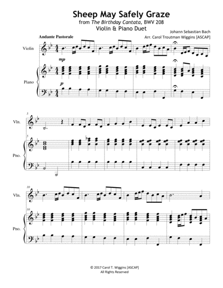 Sheep May Safely Graze From The Birthday Cantata Bwv 208 Violin Piano Duet Sheet Music