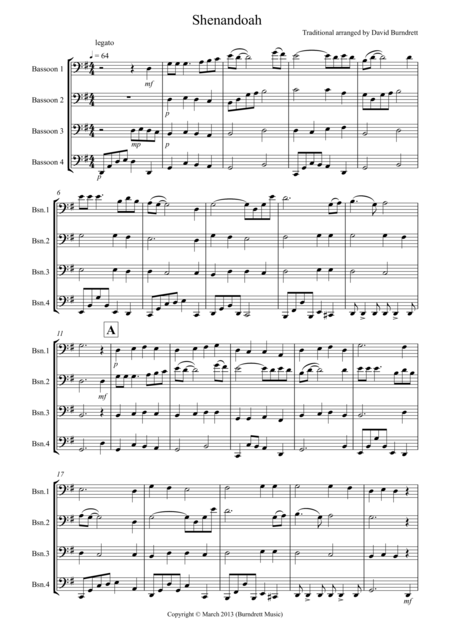 Shenandoah For Bassoon Quartet Sheet Music