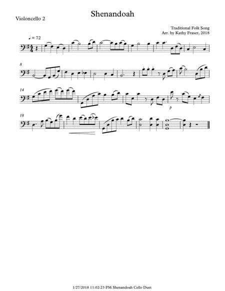 Shenandoah For Cello Duet Sheet Music