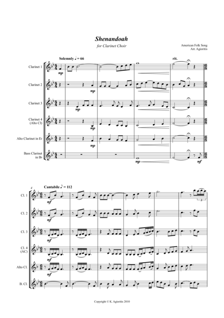Free Sheet Music Shenandoah For Clarinet Choir